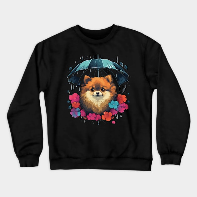 Pomeranian Rainy Day With Umbrella Crewneck Sweatshirt by JH Mart